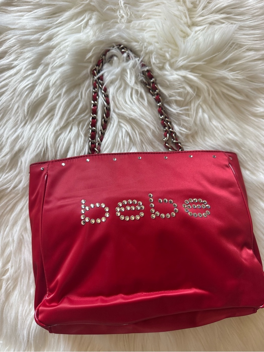 bebe Red Satin Crystal-Logo Chain Shoulder bag